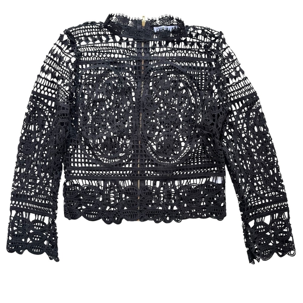 Story On Women S Black Guipure Lace HighNeck Long Sleeve Back Gold Zip Sheer Top